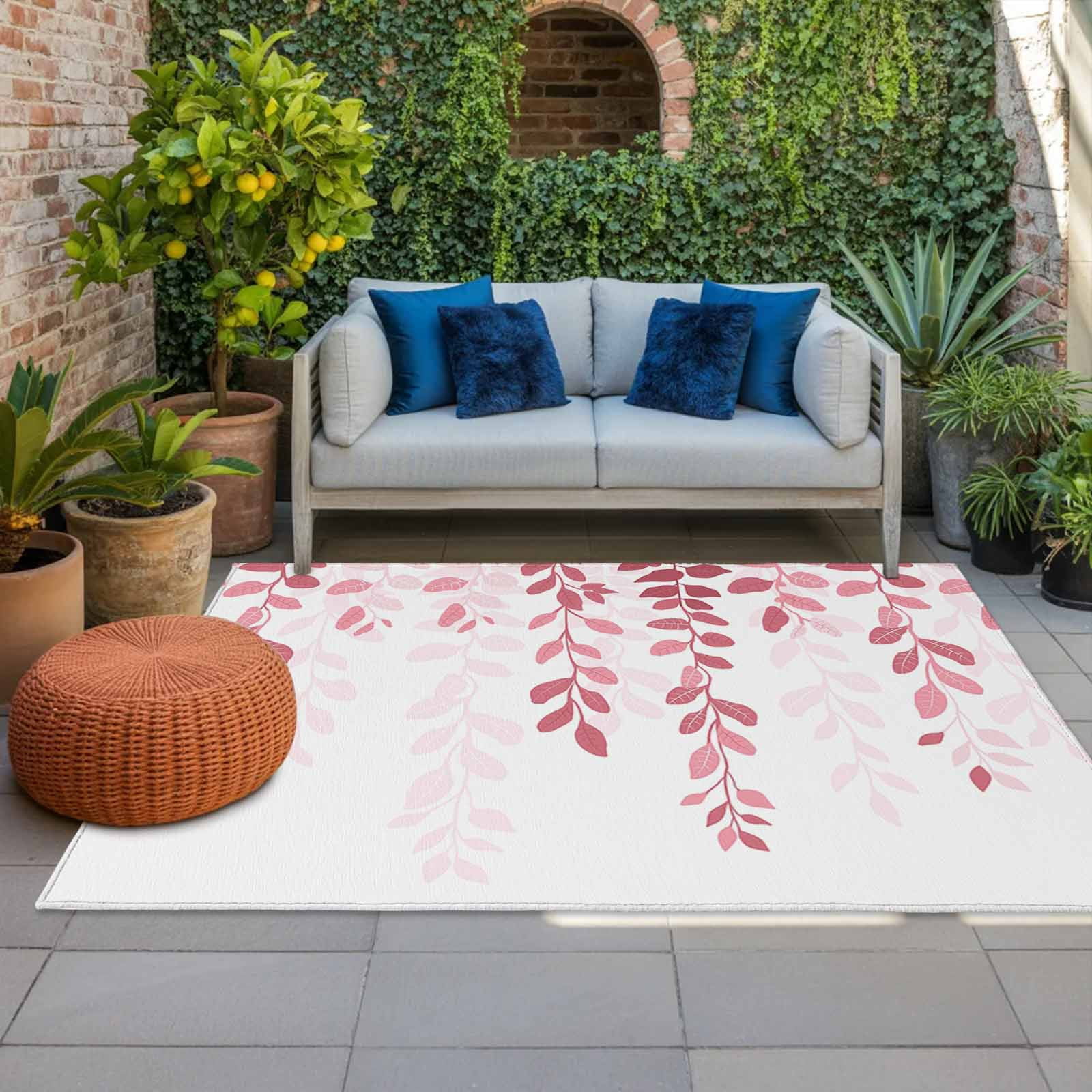 Outdoor Rug 5x8ft Pink Eucalyptus Floral Leaves Large Area Rug Nature Plant Branch Indoor Outdoor Carpet Outdoor Rugs Mats for Patio Camping,RV,Front Door, Outside Decor