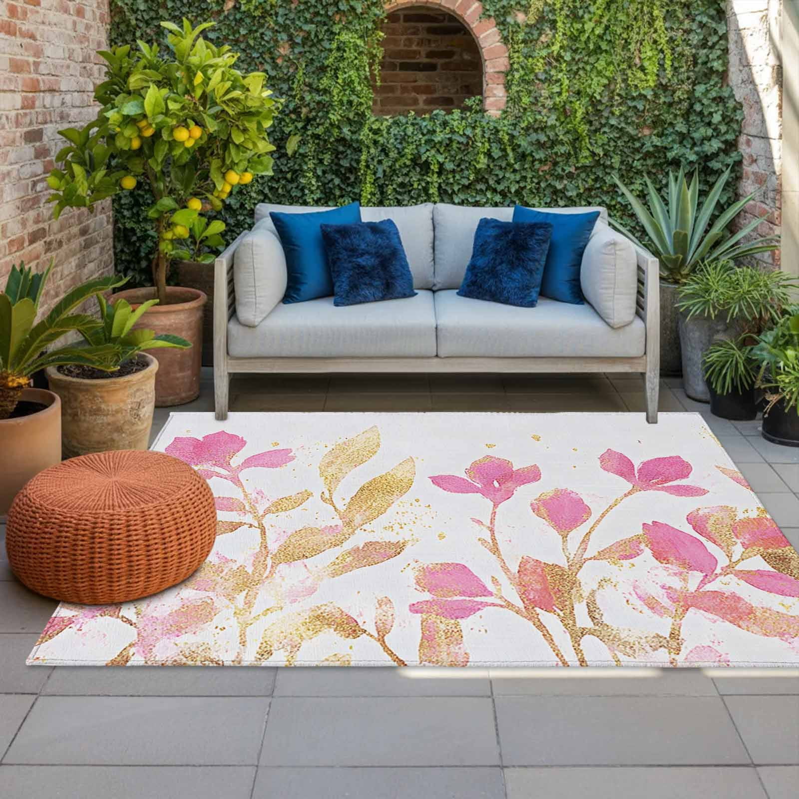Outdoor Rug 5x8ft Pink Yellow Flowers Large Area Rug Wildflowers Indoor Outdoor Carpet Outdoor Rugs Mats for Patio Camping,RV,Front Door, Outside Decor