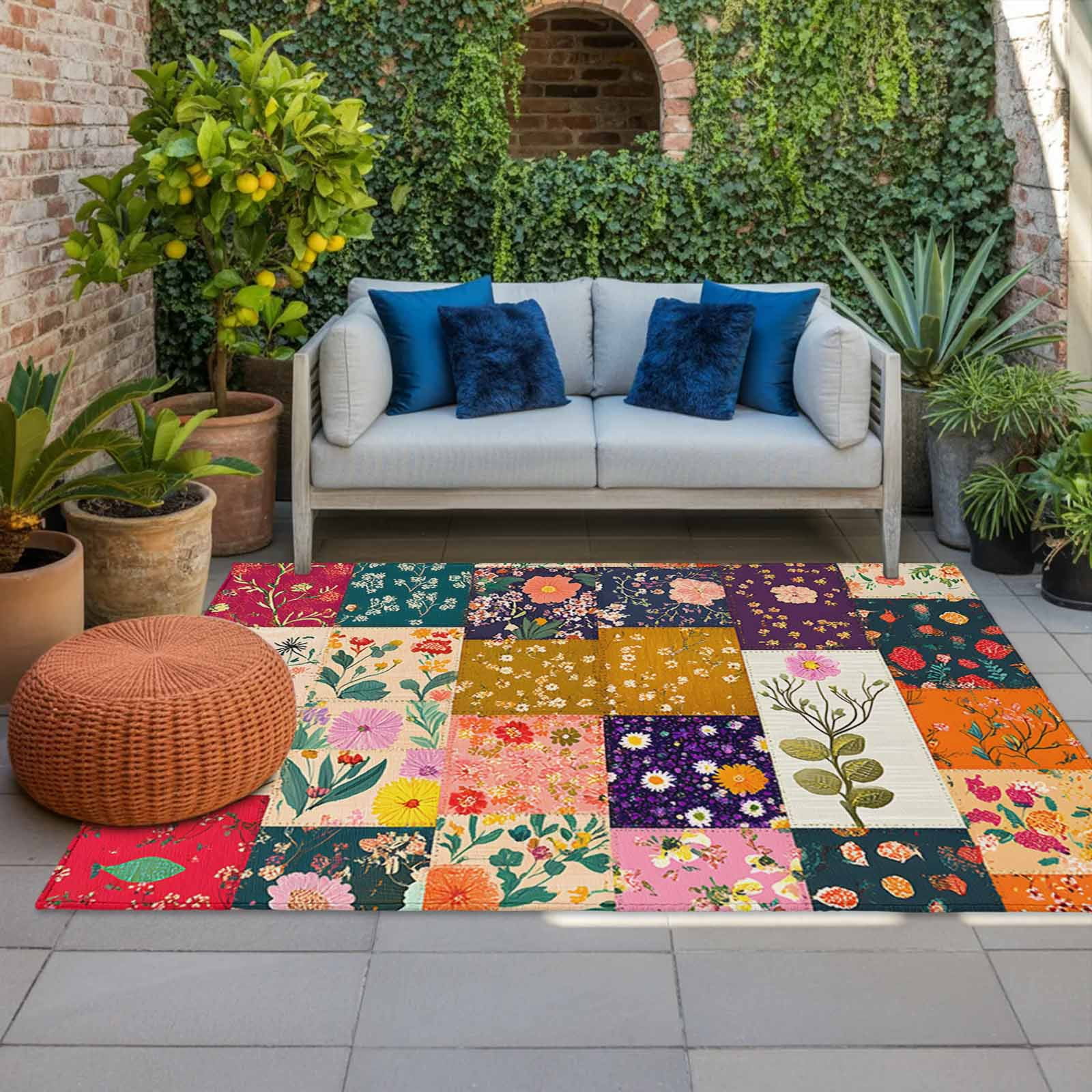 Outdoor Rug 5x8ft Retro Colorful Flowers Large Area Rug Wildflowers Splice Lattice Indoor Outdoor Carpet Outdoor Rugs Mats for Patio Camping,RV,Front Door, Outside Decor