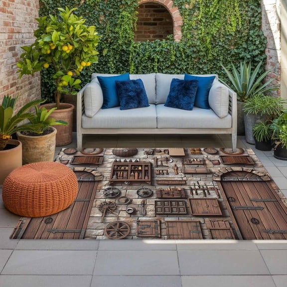 Outdoor Rug 5x8ft Rustic Medieval Tools Large Area Rug Retro Door Wall Indoor Outdoor Carpet Outdoor Rugs Mats for Patio Camping,RV,Front Door, Outside Decor