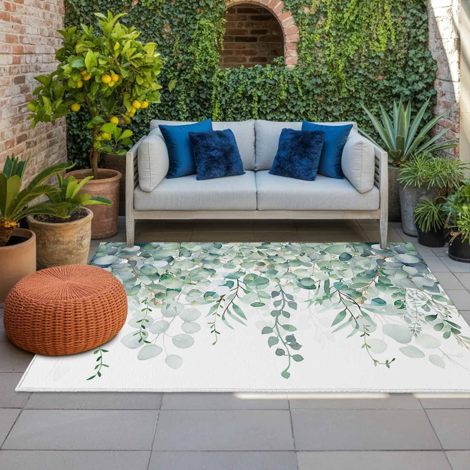 Outdoor Rug 5x8ft Sage Green Eucalyptus Large Area Rug Watercolor Leaves Indoor Outdoor Carpet Outdoor Rugs Mats for Patio Camping,RV,Front Door, Outside Decor