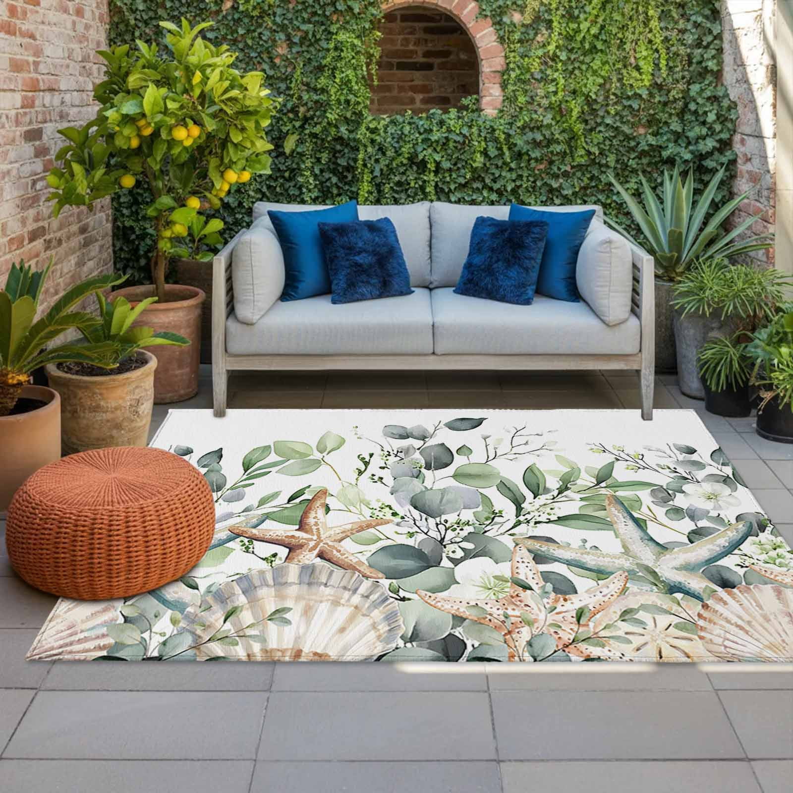 Outdoor Rug 5x8ft Sage Green Eucalyptus Leaves Large Area Rug Starfish Indoor Outdoor Carpet Outdoor Rugs Mats for Patio Camping,RV,Front Door, Outside Decor