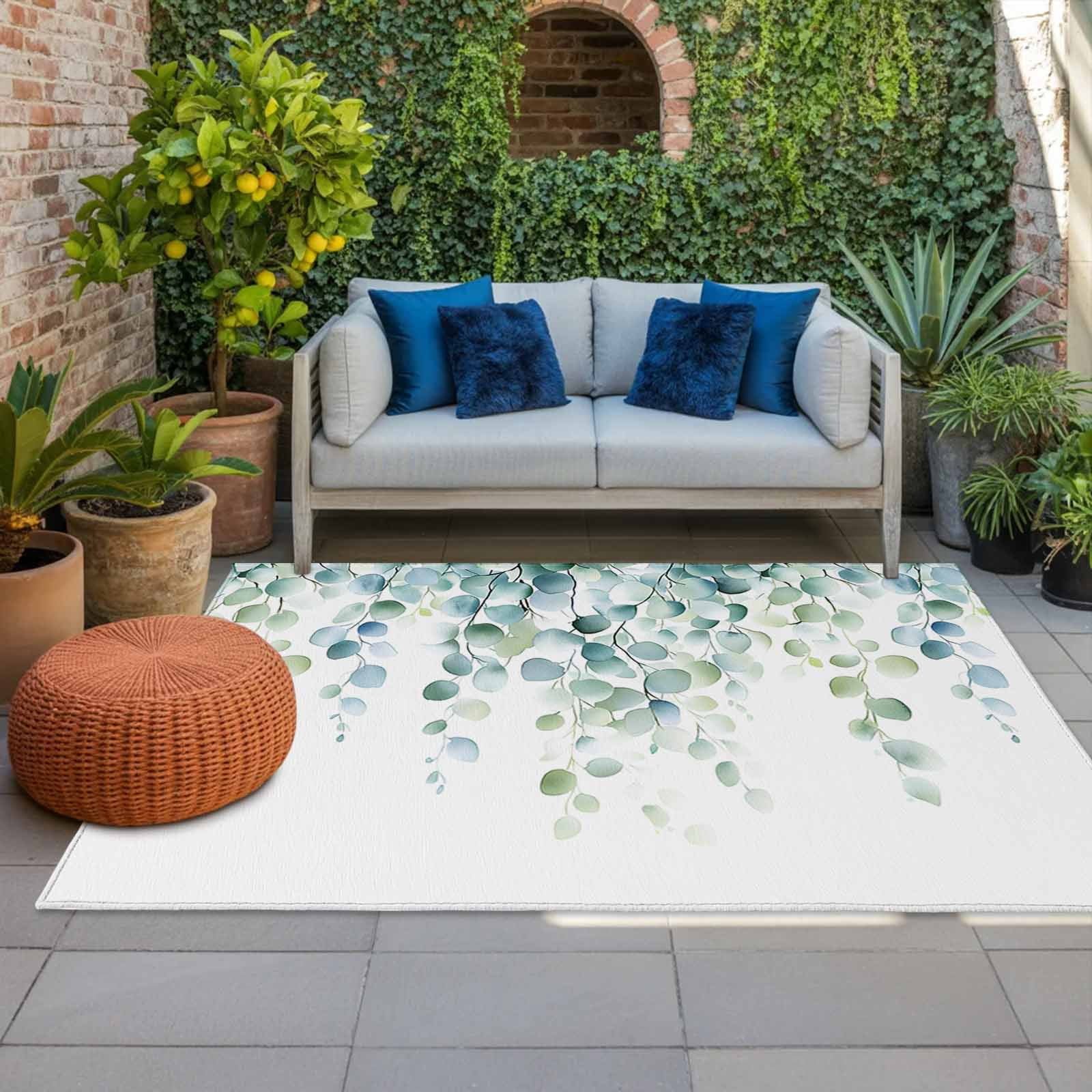 Outdoor Rug 5x8ft Sage Green Eucalyptus Leaves Large Area Rug Watercolor Green Plant Indoor Outdoor Carpet Outdoor Rugs Mats for Patio Camping,RV,Front Door, Outside Decor