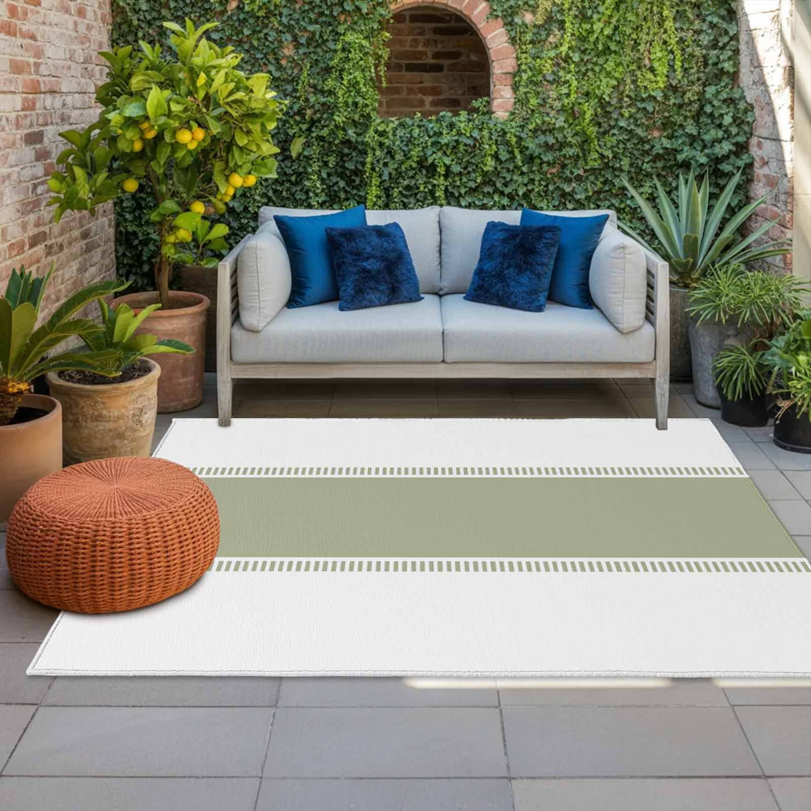 Outdoor Rug 5x8ft Sage Green Large Area Rug Stripe Indoor Outdoor Carpet Outdoor Rugs Mats for Patio Camping,RV,Front Door, Outside Decor
