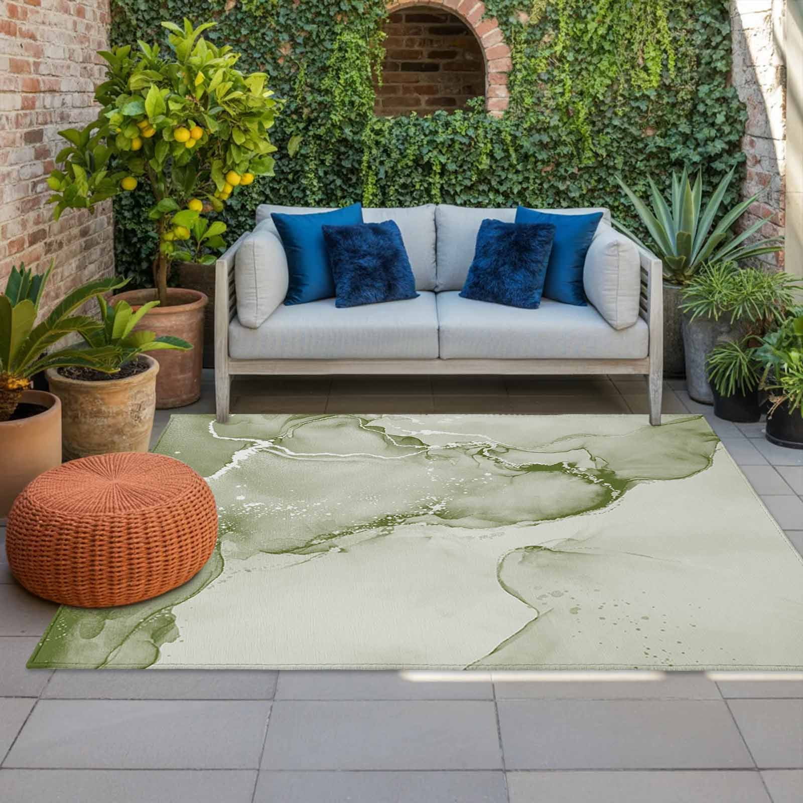 Outdoor Rug 5x8ft Sage Green Marble Large Area Rug Abstract Waves Cloud Indoor Outdoor Carpet Outdoor Rugs Mats for Patio Camping,RV,Front Door, Outside Decor