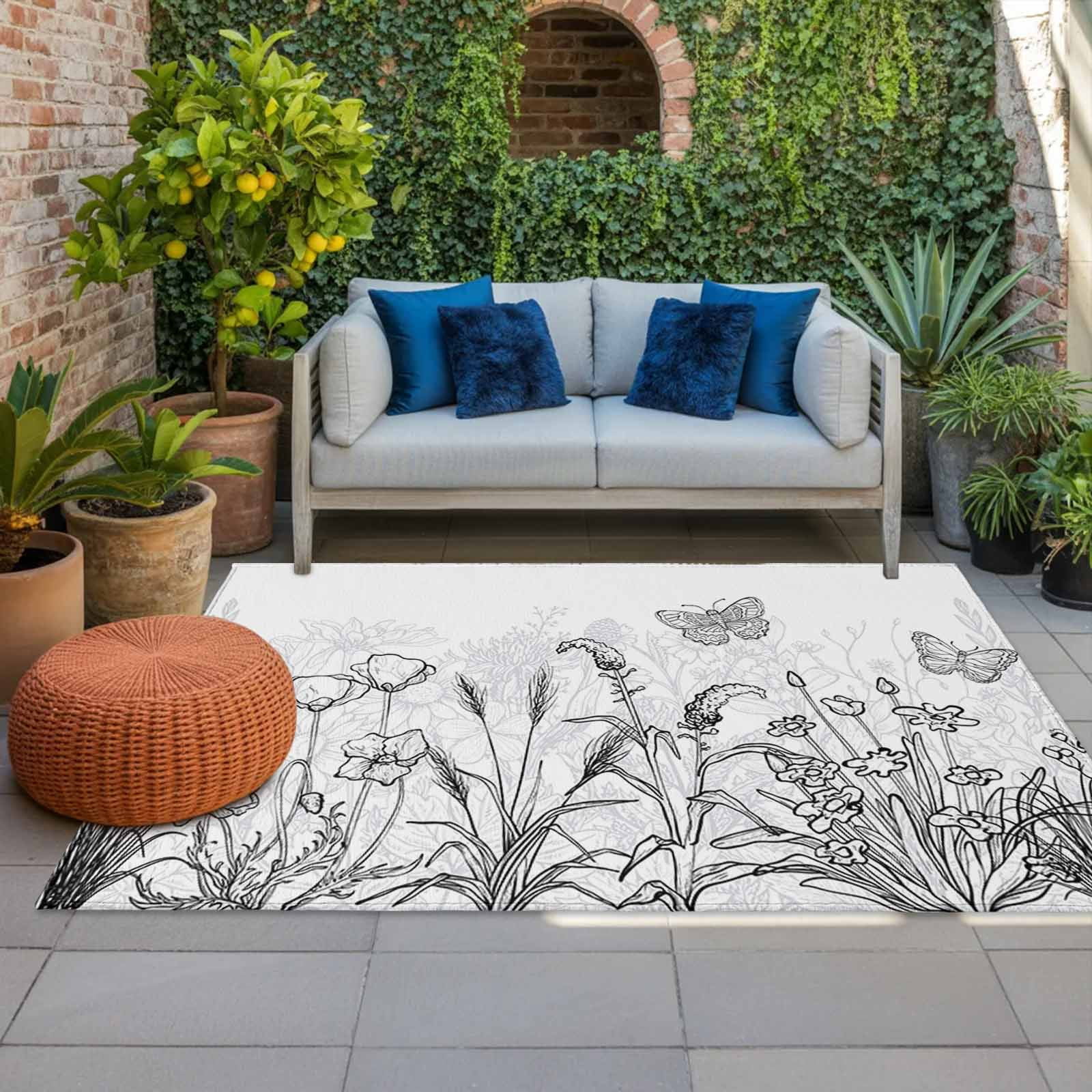 Outdoor Rug 5x8ft Simple Style Floral Large Area Rug Grey Plant Line Art Indoor Outdoor Carpet Outdoor Rugs Mats for Patio Camping,RV,Front Door, Outside Decor