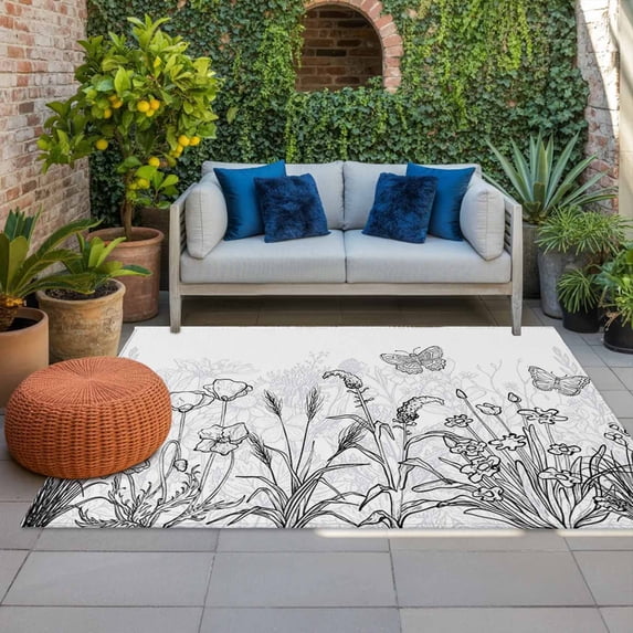 Outdoor Rug 5x8ft Simple Style Floral Large Area Rug Grey Plant Line Art Indoor Outdoor Carpet Outdoor Rugs Mats for Patio Camping,RV,Front Door, Outside Decor