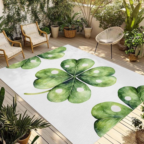 Outdoor Rug 5x8ft, St Patrick''s Day Clovers Lucky Leaf Indoor Area Rug for Patio Backyard Deck Large Floor Mat, Green Irish Shamrock Non-Slip Outside Carpet Balcony Porch Camping Rugs Picnic Mat