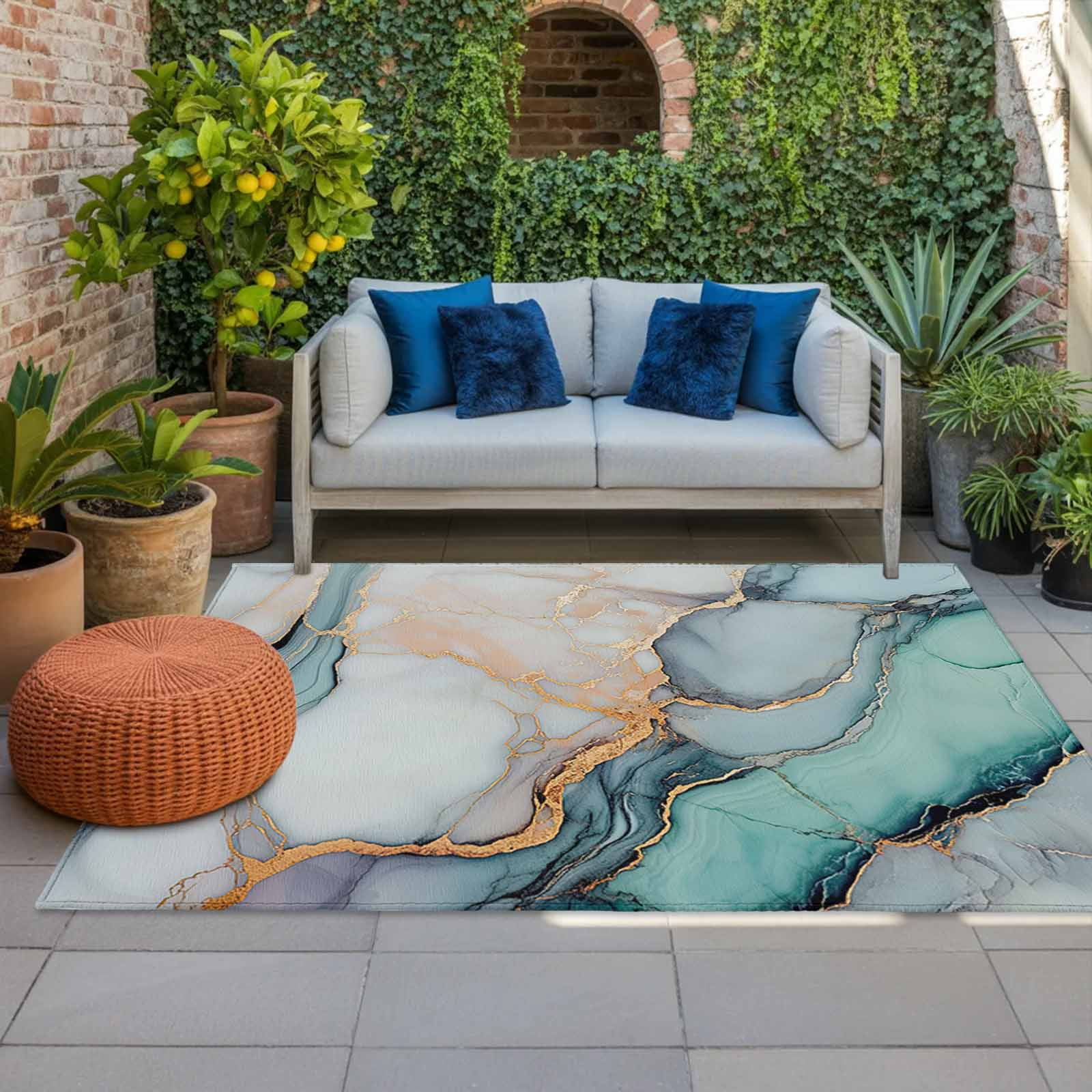 Outdoor Rug 5x8ft Teal Blue Grey Marble Large Area Rug Modern Abstract Art Indoor Outdoor Carpet Outdoor Rugs Mats for Patio Camping,RV,Front Door, Outside Decor
