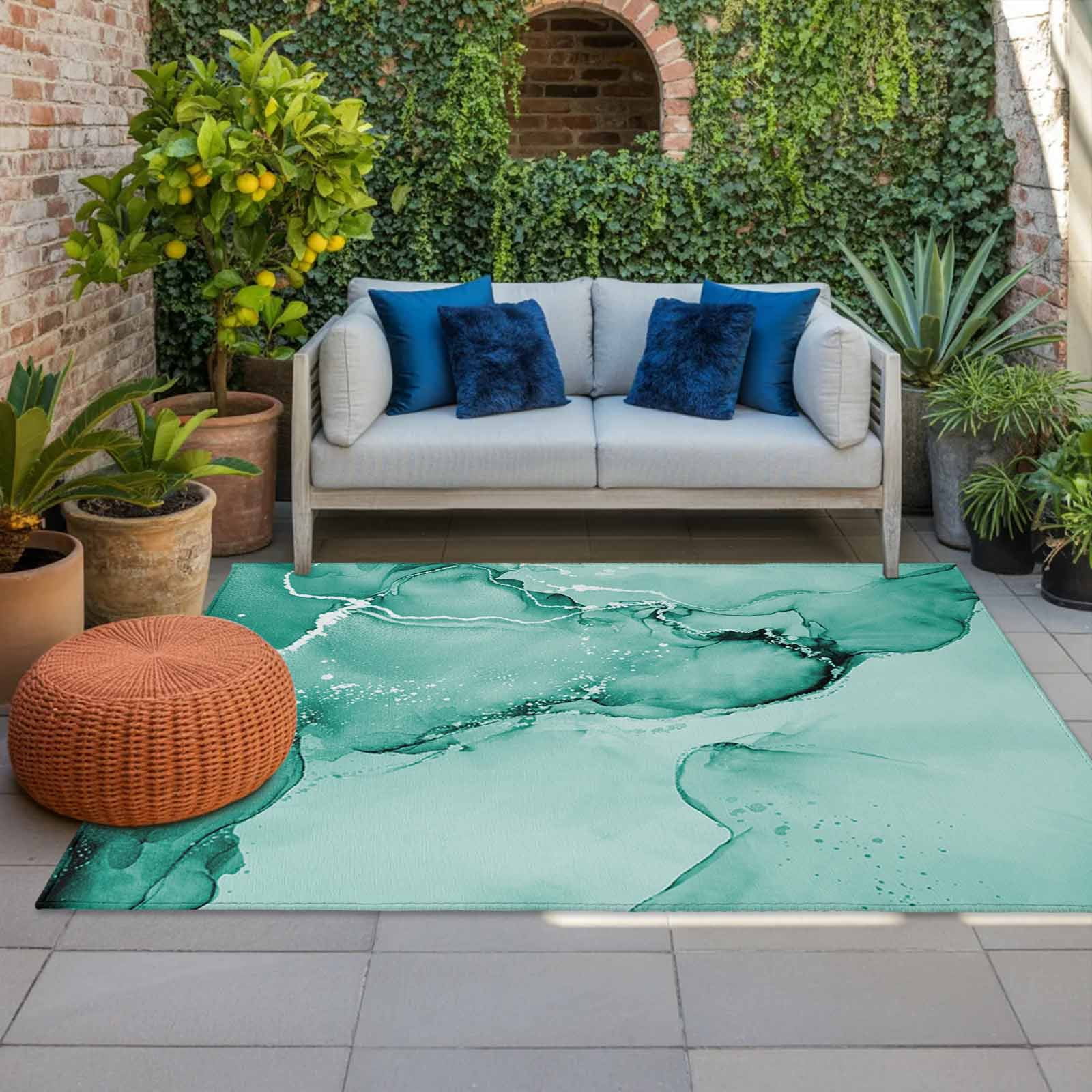 Outdoor Rug 5x8ft Turquoise Marble Large Area Rug Abstract Waves Cloud Indoor Outdoor Carpet Outdoor Rugs Mats for Patio Camping,RV,Front Door, Outside Decor