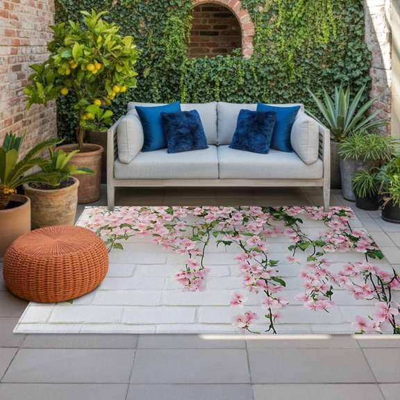 Outdoor Rug 5x8ft Wall Grain Large Area Rug Pink Flower Indoor Outdoor Carpet Outdoor Rugs Mats for Patio Camping,RV,Front Door, Outside Decor