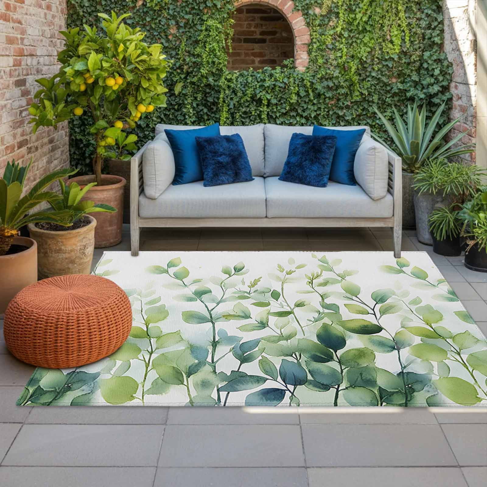 Outdoor Rug 5x8ft Watercolor Eucalyptus Leaves Large Area Rug Ombre Green Indoor Outdoor Carpet Outdoor Rugs Mats for Patio Camping,RV,Front Door, Outside Decor