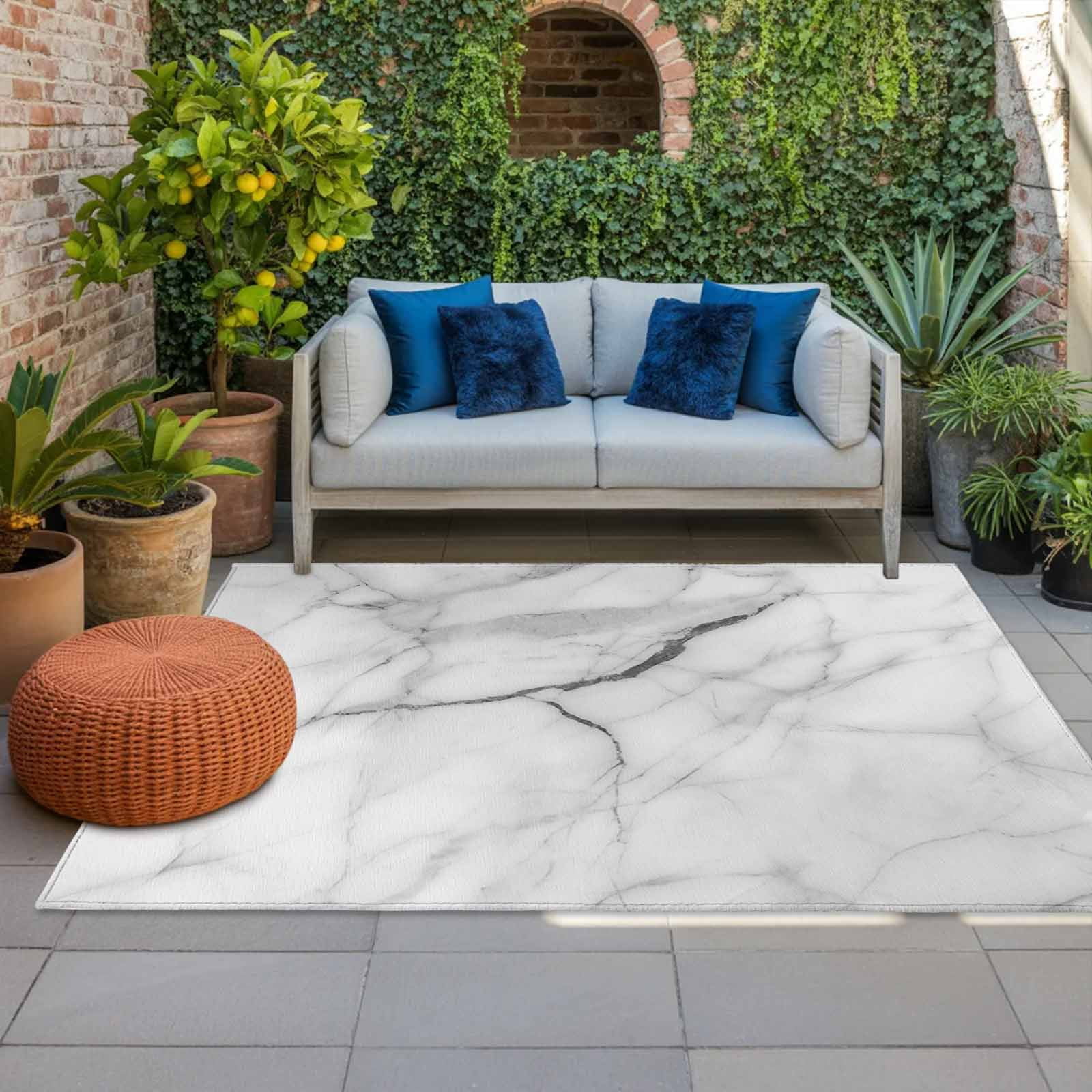Outdoor Rug 5x8ft White Marble Large Area Rug Modern Abstract Art Indoor Outdoor Carpet Outdoor Rugs Mats for Patio Camping,RV,Front Door, Outside Decor