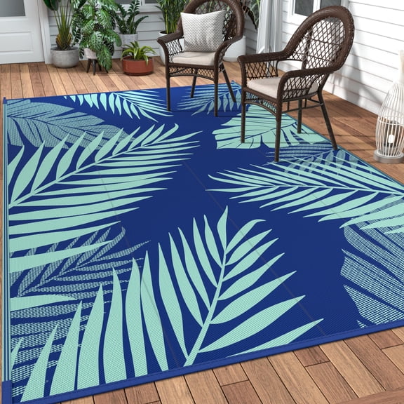 Outdoor Rug 6' X 9' Waterproof For Patios Clearance Reversible Plastic Straw Camping Carpet Large Area Rugs Mats Rv Camper Deck Balcony Porch Beach Royal Blue&blue Green