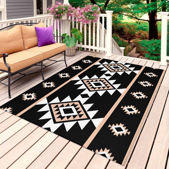 Outdoor Rug 6' x 9', Black White Boho Large Carpet Area Rugs for Patio, RV, Deck, Modern Western Aztec Abstract Geometric Water Absorption Camping Rug, Lightweight Washable Rugs Runner