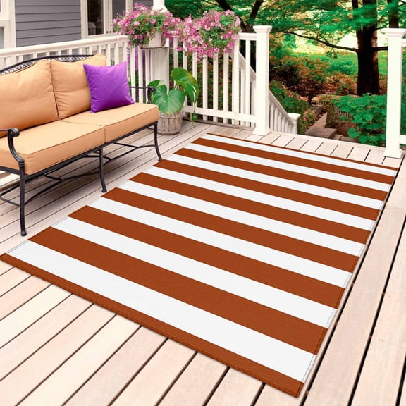 Outdoor Rug 6' x 9', Burnt Orange Stripe Large Carpet Area Rugs for Patio, RV, Deck, Farmhouse Striped Abstract Art Water Absorption Camping Rug, Lightweight Washable Rugs Runner