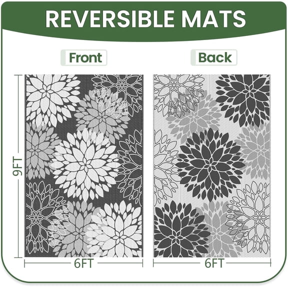 Outdoor Rug - 6' x 9' Grey Reversible Plastic Straw Rug for Patios, Decks, and More