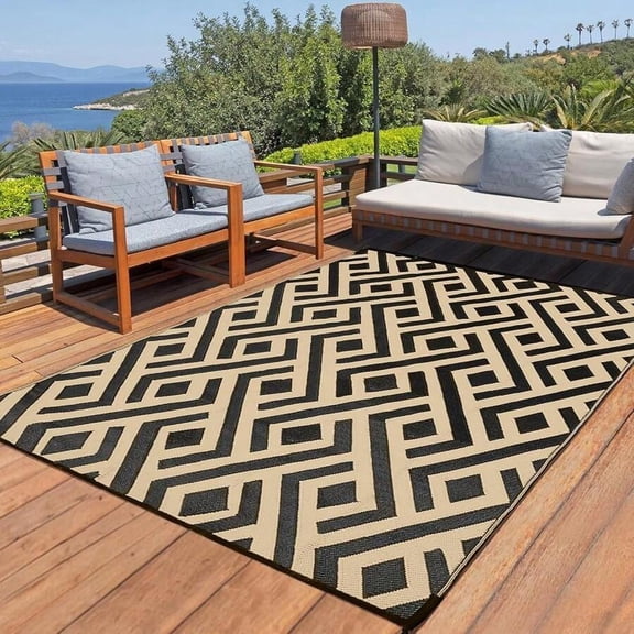 Outdoor Rug 6x9 Ft, Geometric Pattern Reversible Patio Mat, Black & Beige, UV Resistant Waterproof Deck Rug