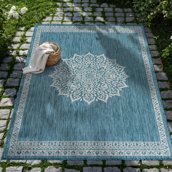 Outdoor Rug 6x9 Medallion Aqua Modern Area Rugs For Indoor And Patios Kitchen Hallway Mats Washable Porch Deck Outside Carpet (medallion 6 X 9)