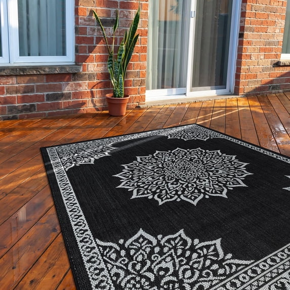 Outdoor Rug 6x9 Medallion Black White Modern Area Rugs For Indoor And Patios Kitchen Hallway Mats Washable Porch Deck Outside Carpet (medallion 6 X 9)