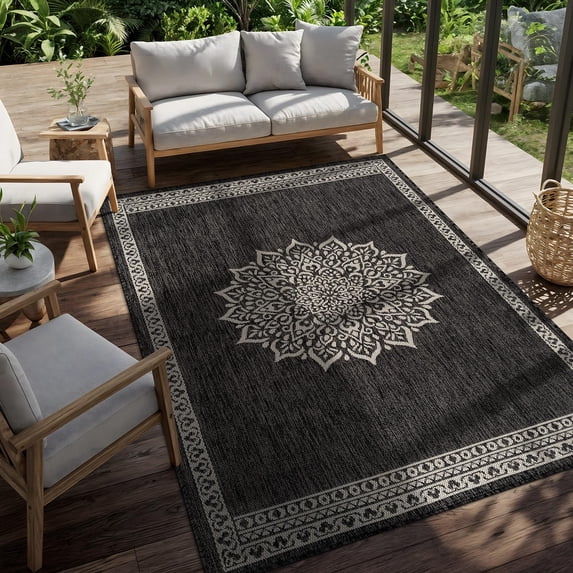 Outdoor Rug 6x9 Medallion Darkgray Modern Area Rugs For Indoor And Patios Kitchen Hallway Mats Washable Porch Deck Outside Carpet (medallion 6 X 9)