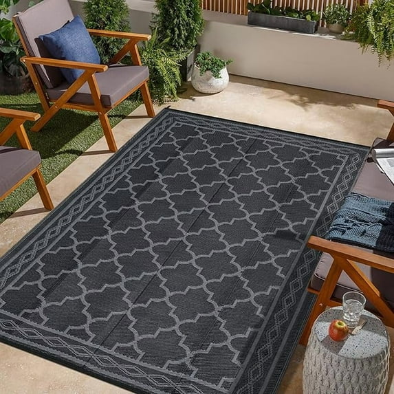 Outdoor Rug 6x9 Reversible Mats, Plastic Straw Rug, Large Floor Mat and Rug for Outdoors, Modern Area Rug, Patio, Backyard, Deck, Picnic, Beach, Trailer, Camping, Black/Grey(Geometric)