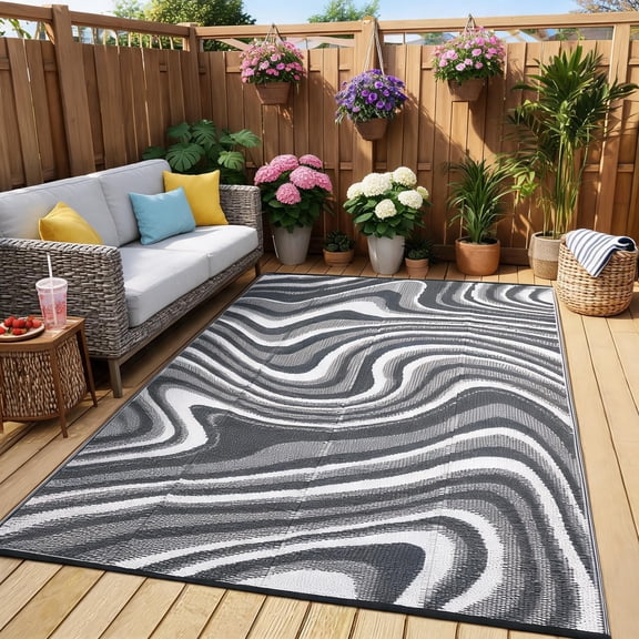 Outdoor Rug 6x9 Waterproof Patio Rugs Modern Abstarct Reversible Mat for Front Door Rv Foldable Plastic Straw Carpet for Travel Trailers, Deck, Porch, Camper, Balcony, Beach,Black/Grey