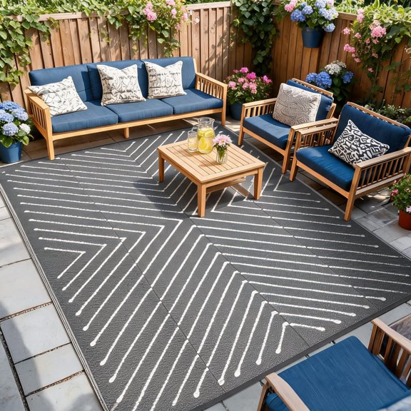 Outdoor Rug 6x9 Waterproof Patio Rugs Modern Line Geometric Reversible Mat for Front Door Rv Foldable Plastic Straw Carpet for Travel Trailers, Deck, Balcony, Beach，Grey/White