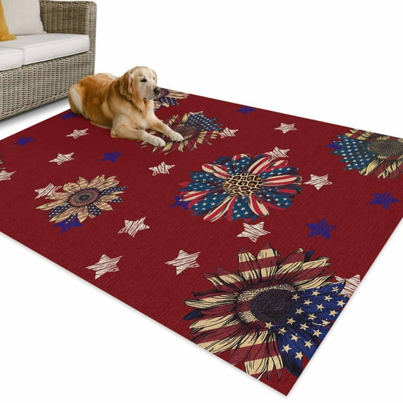 Outdoor Rug 6x9 ft 4th of July Waterproof Outdoor Patio Rug Mat Non Slip Outside Area Rugs Carpet for RV,Camping,Porch,Deck,Pool,Balconybackyard,Patriotic Sunflower Red Navy Blue