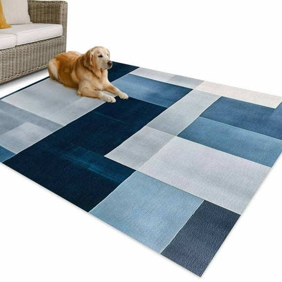 Outdoor Rug 6x9 ft Abstract Blue Checkered Waterproof Outdoor Patio Rug Mat Non Slip Outside Area Rugs Carpet for RV,Camping,Porch,Deck,Pool,Balconybackyard,Modern Watercolor Art