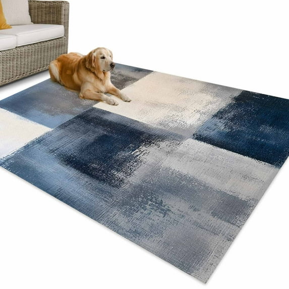 Outdoor Rug 6x9 ft Abstract Navy Blue Gray Checkered Waterproof Outdoor Patio Rug Mat Non Slip Outside Area Rugs Carpet for RV,Camping,Porch,Deck,Pool,Balconybackyard,Modern Watercolor Art