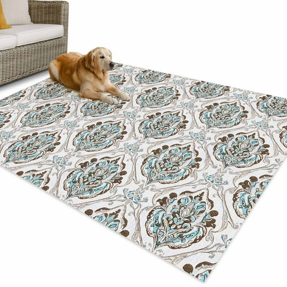 Outdoor Rug 6x9 ft Abstract Vintage Paisley Waterproof Outdoor Patio Rug Mat Non Slip Outside Area Rugs Carpet for RV,Camping,Porch,Deck,Pool,Balconybackyard,Boho Floral Texture Turquoise Beige
