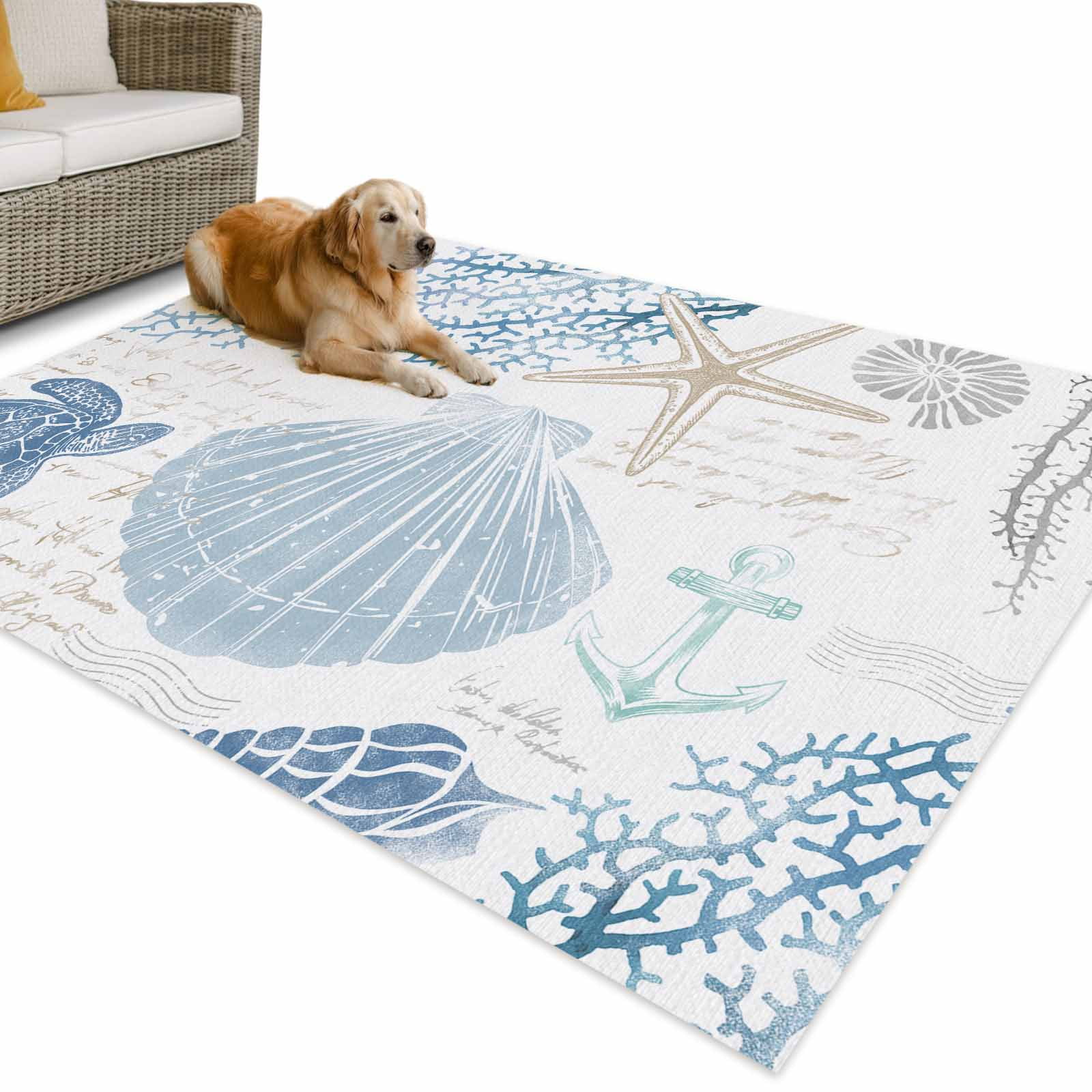 Outdoor Rug 6x9 ft Blue Coastal Ocean Beach Themed Waterproof Outdoor Patio Rug Mat Non Slip Outside Area Rugs Carpet for RV,Camping,Porch,Deck,Pool,Balconybackyard,Sea Turtle Starfish Shell