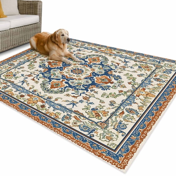 Outdoor Rug 6x9 ft Boho Vintage Waterproof Outdoor Patio Rug Mat Non Slip Outside Area Rugs Carpet for RV,Camping,Porch,Deck,Pool,Balconybackyard,Ethnic Tribal Aztec Floral Pattern Beige