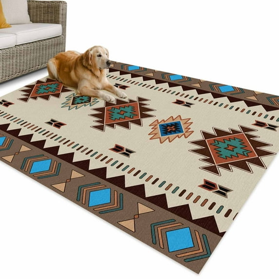 Outdoor Rug 6x9 ft Brown Turquoise Southwest Texture Waterproof Outdoor Patio Rug Mat Non Slip Outside Area Rugs Carpet for RV,Camping,Porch,Deck,Pool,Balconybackyard,Tribal Geometric Pattern
