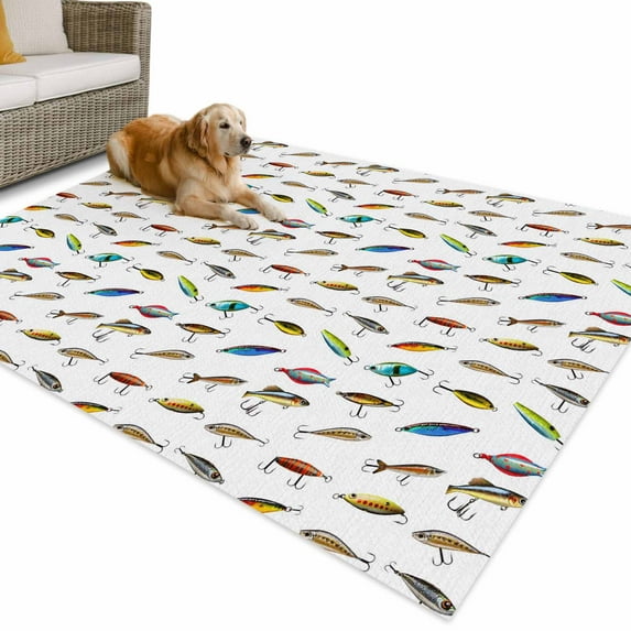 Outdoor Rug 6x9 ft Cartoon Fishing Bait Hook Waterproof Outdoor Patio Rug Mat Non Slip Outside Area Rugs Carpet for RV,Camping,Porch,Deck,Pool,Balconybackyard,Colorful Fishes White