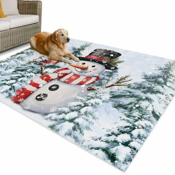 Outdoor Rug 6x9 ft Christmas Snowman Red Bird Waterproof Outdoor Patio Rug Mat Non Slip Outside Area Rugs Carpet for RV,Camping,Porch,Deck,Pool,Balconybackyard,Winter Blue Snowy Pine Forests