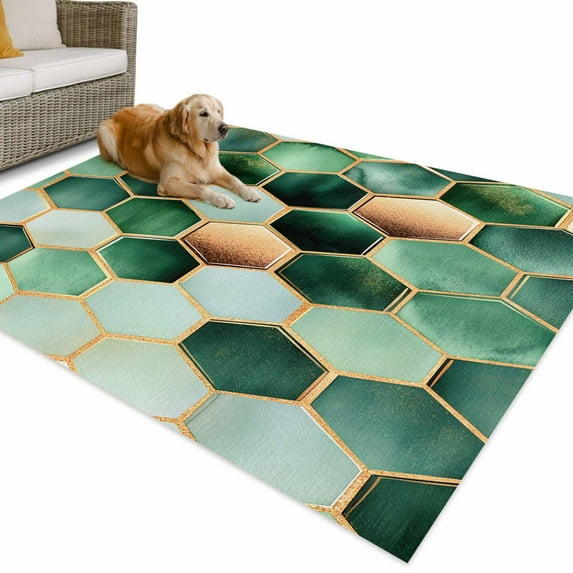 Outdoor Rug 6x9 ft Dark Green Marble Waterproof Outdoor Patio Rug Mat Non Slip Outside Area Rugs Carpet for RV,Camping,Porch,Deck,Pool,Balconybackyard,Gold Hexagon Geometric Modern Pattern