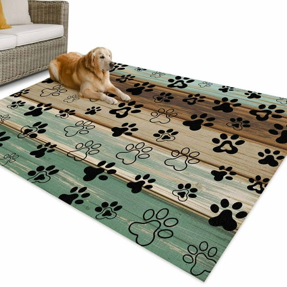 Outdoor Rug 6x9 ft Dog Claw Paw Print Waterproof Outdoor Patio Rug Mat Non Slip Outside Area Rugs Carpet for RV,Camping,Porch,Deck,Pool,Balconybackyard,Pet Green Brown Farmhouses Wood