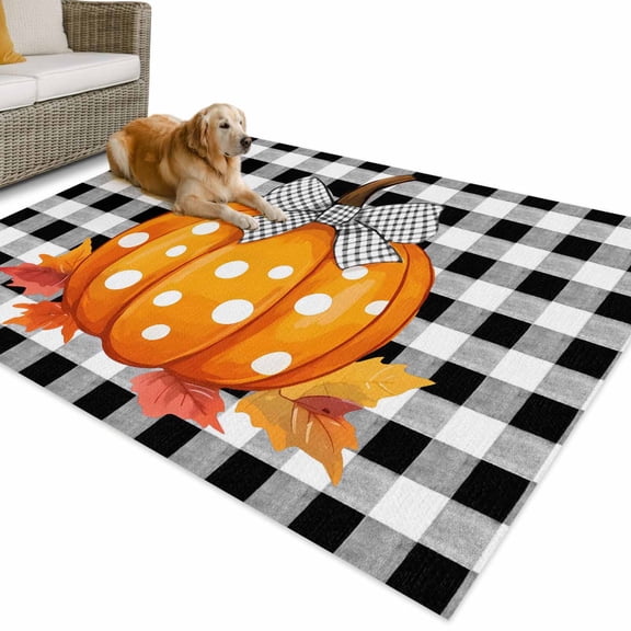 Outdoor Rug 6x9 ft Fall Thanksgiving Waterproof Outdoor Patio Rug Mat Non Slip Outside Area Rugs Carpet for RV,Camping,Porch,Deck,Pool,Balconybackyard,Farmhouse Pumpkins Black Whtie Plaid