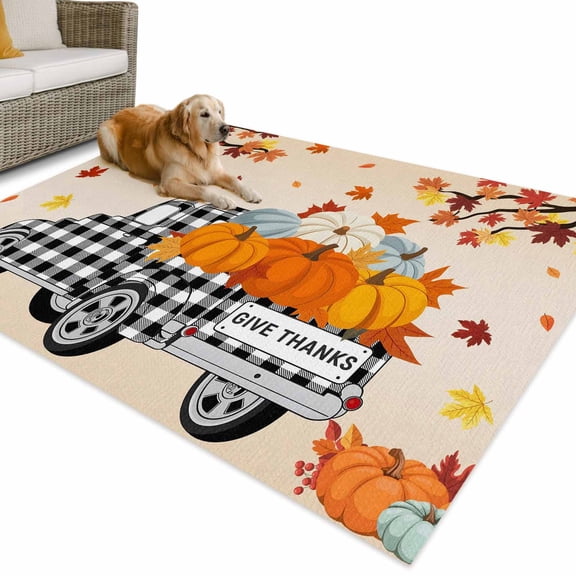 Outdoor Rug 6x9 ft Farmhouse Plaid Truck Fall Thanksgiving Waterproof Outdoor Patio Rug Mat Non Slip Outside Area Rugs Carpet for RV,Camping,Porch,Deck,Pool,Balconybackyard,Orange Pumpkin Leaf