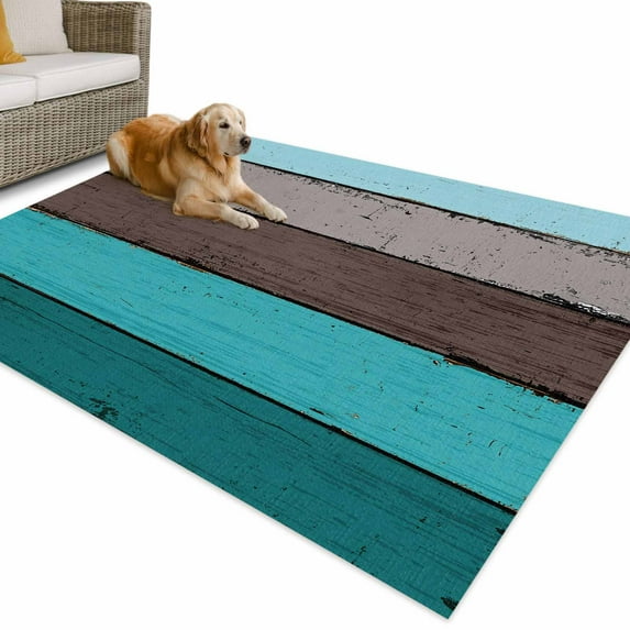 Outdoor Rug 6x9 ft Farmhouse Rustic Wood Texture Waterproof Outdoor Patio Rug Mat Non Slip Outside Area Rugs Carpet for RV,Camping,Porch,Deck,Pool,Balconybackyard,Aqua Blue Grey