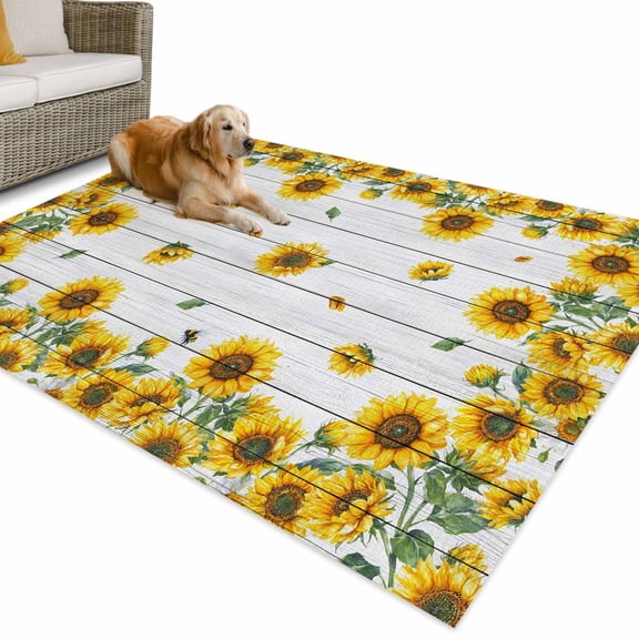 Outdoor Rug 6x9 ft Farmhouse Sunflowers Floral Print Waterproof Outdoor Patio Rug Mat Non Slip Outside Area Rugs Carpet for RV,Camping,Porch,Deck,Pool,Balconybackyard,White