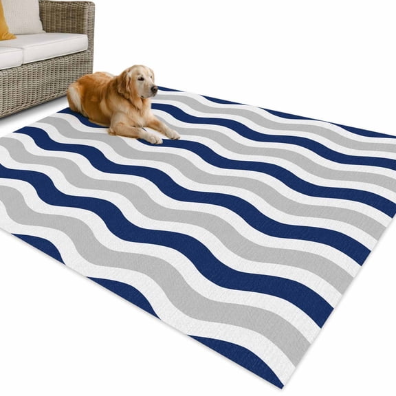 Outdoor Rug 6x9 ft Geometric Striped Pattern Waterproof Outdoor Patio Rug Mat Non Slip Outside Area Rugs Carpet for RV,Camping,Porch,Deck,Pool,Balconybackyard,Navy Grey White Wave Pattern