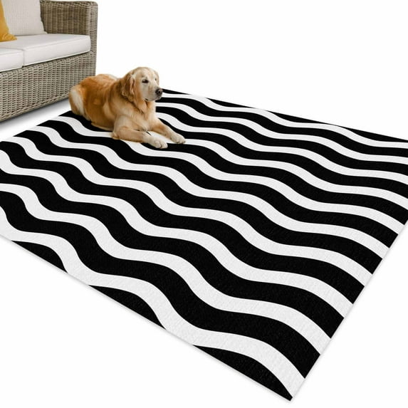 Outdoor Rug 6x9 ft Geometric Striped Pattern Waterproof Outdoor Patio Rug Mat Non Slip Outside Area Rugs Carpet for RV,Camping,Porch,Deck,Pool,Balconybackyard,Black and White Wave Pattern