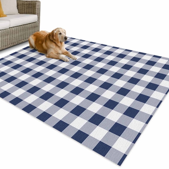 Outdoor Rug 6x9 ft Navy Blue White Plaid Waterproof Outdoor Patio Rug Mat Non Slip Outside Area Rugs Carpet for RV,Camping,Porch,Deck,Pool,Balconybackyard,Rustic Vintage Checkered