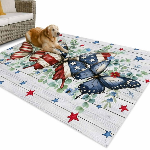 Outdoor Rug 6x9 ft Patriotic Butterfly 4th of July Waterproof Outdoor Patio Rug Mat Non Slip Outside Area Rugs Carpet for RV,Camping,Porch,Deck,Pool,Balconybackyard,Red Blue Stars Eucalyptus