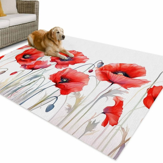 Outdoor Rug 6x9 ft Patriotic Memorial Day Waterproof Outdoor Patio Rug Mat Non Slip Outside Area Rugs Carpet for RV,Camping,Porch,Deck,Pool,Balconybackyard,Watercolor Vintage Poppies Flowers Red