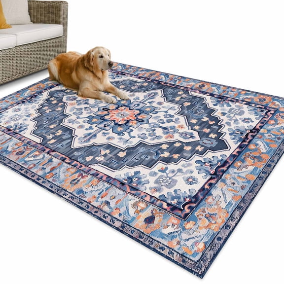 Outdoor Rug 6x9 ft Retro Boho Waterproof Outdoor Patio Rug Mat Non Slip Outside Area Rugs Carpet for RV,Camping,Porch,Deck,Pool,Balconybackyard,Aztec Southwest Tribal Floral Pattern Orange Blue