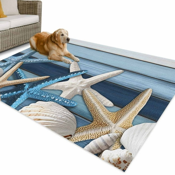Outdoor Rug 6x9 ft Vintage Coastal Waterproof Outdoor Patio Rug Mat Non Slip Outside Area Rugs Carpet for RV,Camping,Porch,Deck,Pool,Balconybackyard,Wood Texture Starfish Shell Aqua Blue Ivory